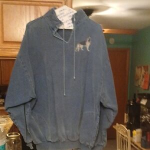 Blue Hooded Pullover Sweatshirt with Wolf Embroidery #4